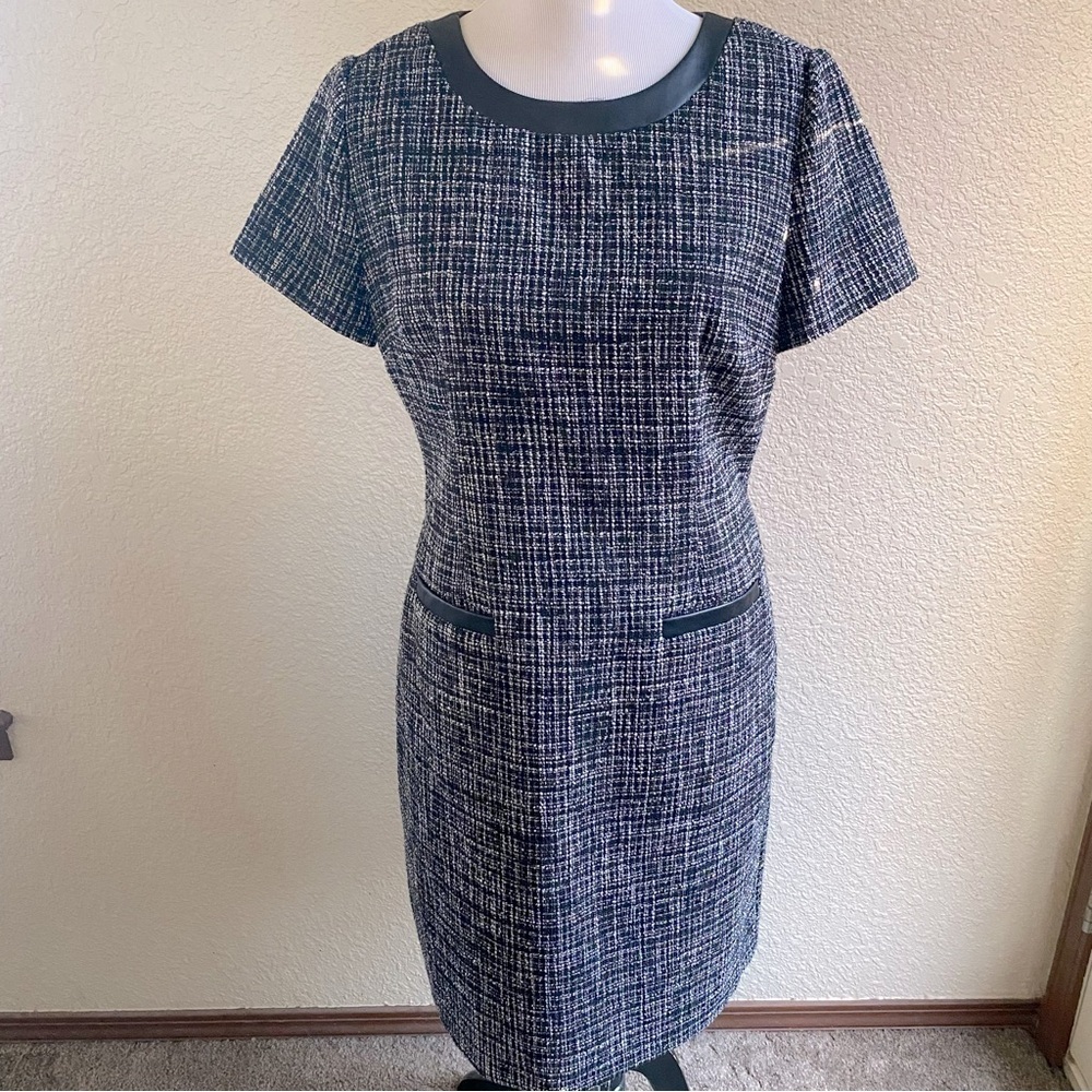 Karl Lagerfeld Dress Knit Textured Mini Length Short Sleeve Leather Trim: 10